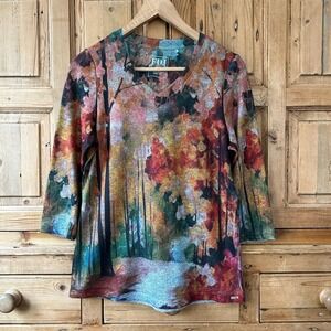 FDJ Lightweight VNeck Pullover Longsleeve Sweater Artsy 3/4 Sleeve‎ Womens Sz XS